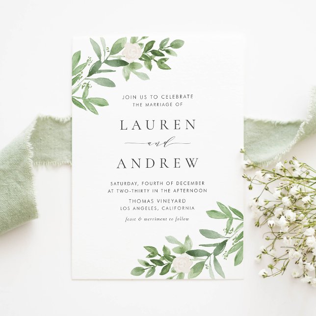 Cartão Postal De Convite Casamento Romântico com Flores Brancas (Romantic Greenery and White Flowers Wedding Invitation Postcard)