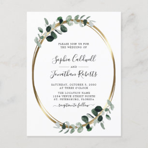 Cartão Postal De Convite Casamento RSVP de Código QR Dourado Eucalyptus
