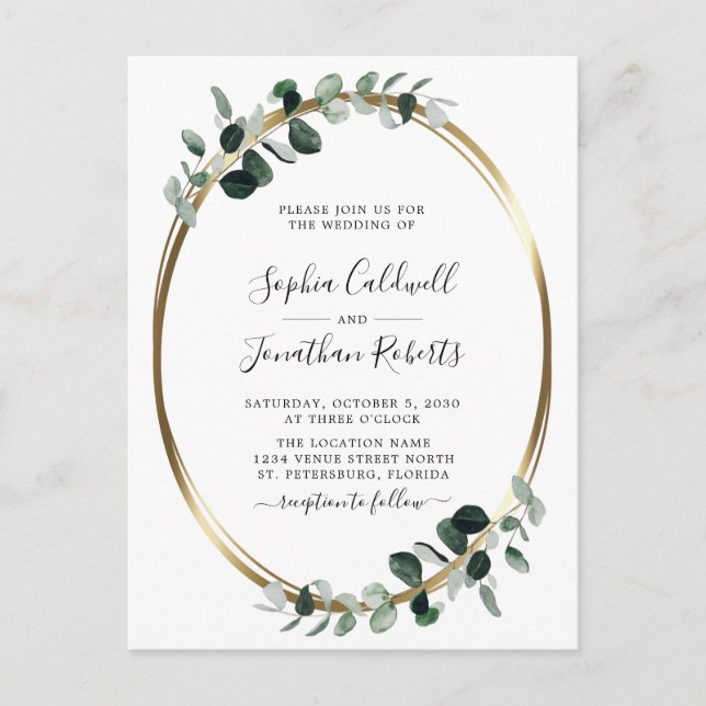 Cartão Postal De Convite Casamento RSVP de Código QR Dourado Eucalyptus (Frente)