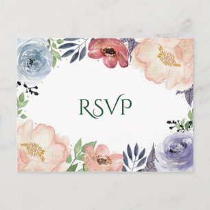 Cartão Postal De Convite Casamento RSVP Floral Elegante Chic Moderno Aquare