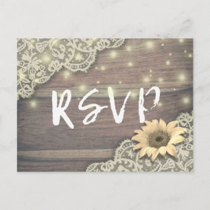 Cartão Postal De Convite Casamento RSVP Lace Sunflower Wood e String Lights
