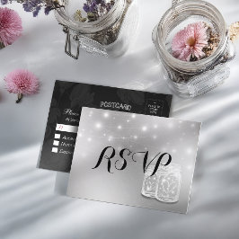 Cartão Postal De Convite Casamento RSVP Mason Jars String Light Modern Silv