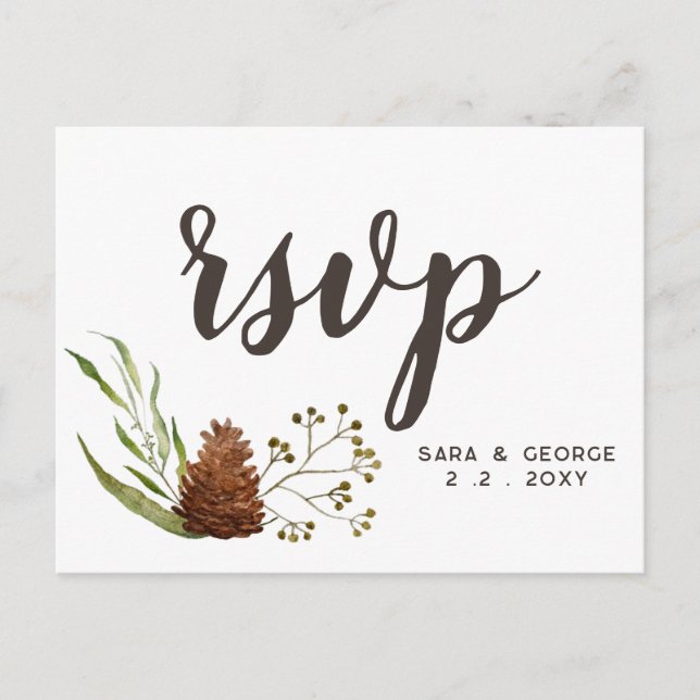 Cartão Postal De Convite Casamento Rustic Conifer Pine cone Rsvp (Frente)
