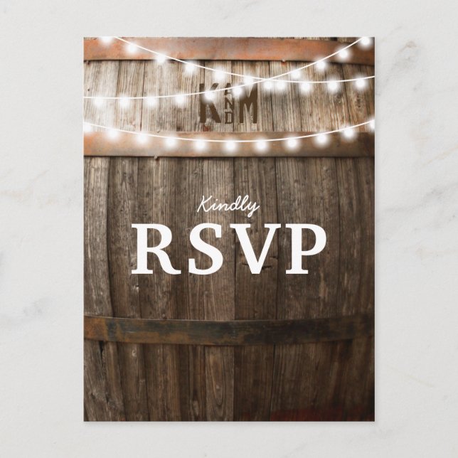 Cartão Postal De Convite Casamento Rustic Country | String de luzes RSVP (Frente)