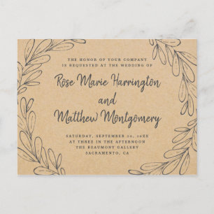 Cartão Postal De Convite Casamento Rustic Kraft & Folhas Retiradas à Mão