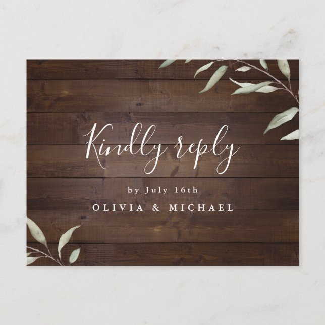Cartão Postal De Convite Casamento rústico de condado de madeira verde Eleg (Frente)