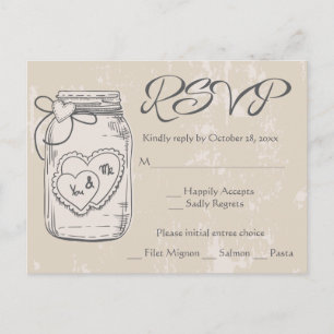 Cartão Postal De Convite Casamento Rustico RSVP Pote de Pedra Corações Marr