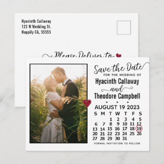 Cartão Postal De Convite Casamento Salvar a Data Calendário de agosto de 20