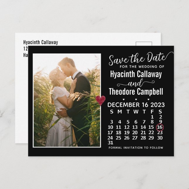 Cartão Postal De Convite Casamento Salve a Data Calendário de dezembro de 2 (Frente/Verso)