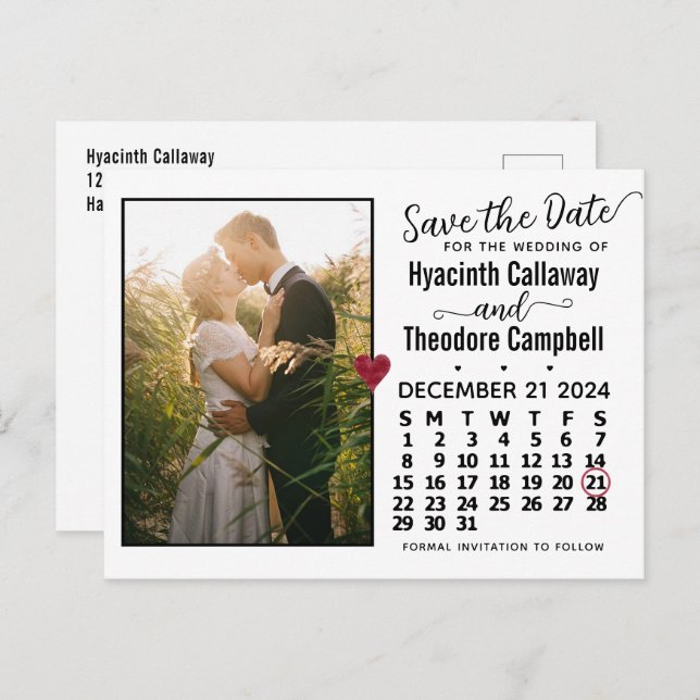 Cartão Postal De Convite Casamento Salve a Data Calendário de dezembro de 2 (Frente/Verso)