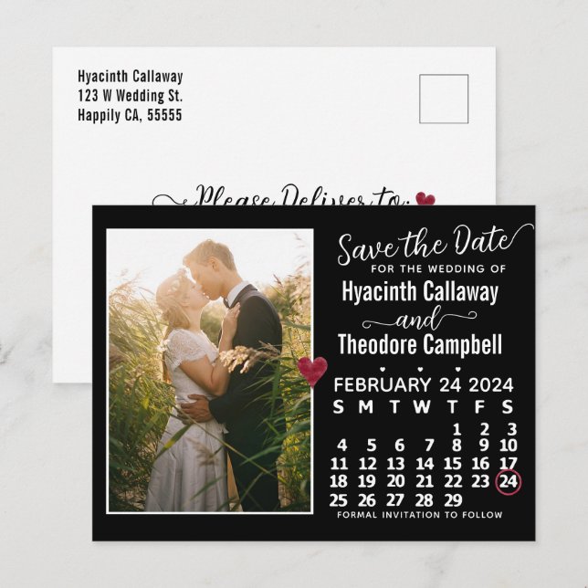 Cartão Postal De Convite Casamento Salve a Data Calendário de fevereiro de  (Frente/Verso)