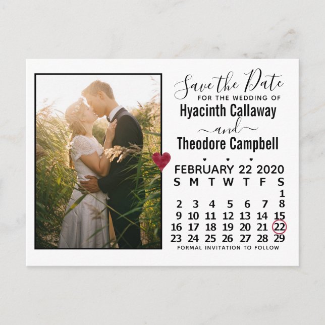 Cartão Postal De Convite Casamento Salve a Data Calendário de fevereiro de  (Frente)