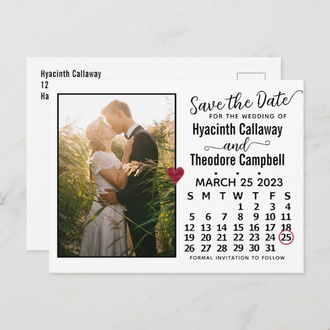 Cartão Postal De Convite Casamento Salve a Data Março 2023 Calendário Foto (Frente/Verso)