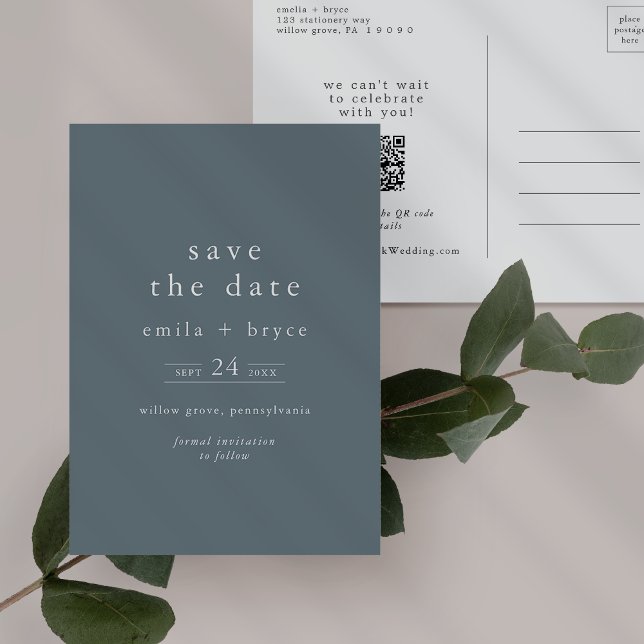 Cartão Postal De Convite Casamento simples - Marinho Azul - EMELIA Boho Sal (EMELIA Boho Navy Blue Simple Wedding Save the Date Invitation Postcard)