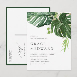 Cartão Postal De Convite Casamento Tropical com Monstera em Aquarela para D