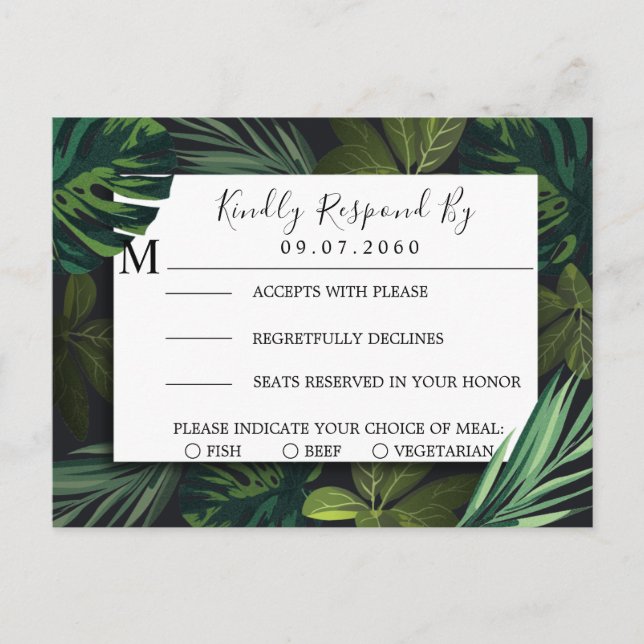 Cartão Postal De Convite Casamento Tropical, Tropical Greenery RSVP Card (Frente)
