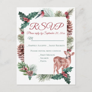 Cartão Postal De Convite Casamento Vermelho de Natal Floral com Deer RSVP d