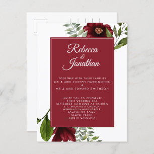 Cartão Postal De Convite Casamento Vermelho Floral Burgundy