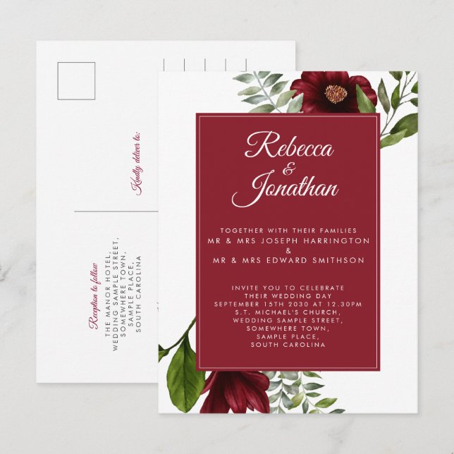 Cartão Postal De Convite Casamento Vermelho Floral Burgundy (Frente/Verso)