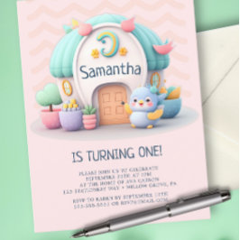 Cartão Postal De Convite Casinha com dragão Menina Bebe Aniversário