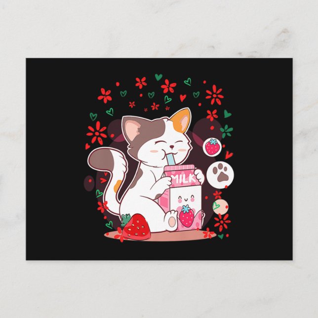 Cartão Postal De Convite Cat Boba Shake Leite de Morango (Frente)