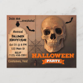 Cartão Postal De Convite Caveira Assustadora, Morcegos e Aranha Halloween