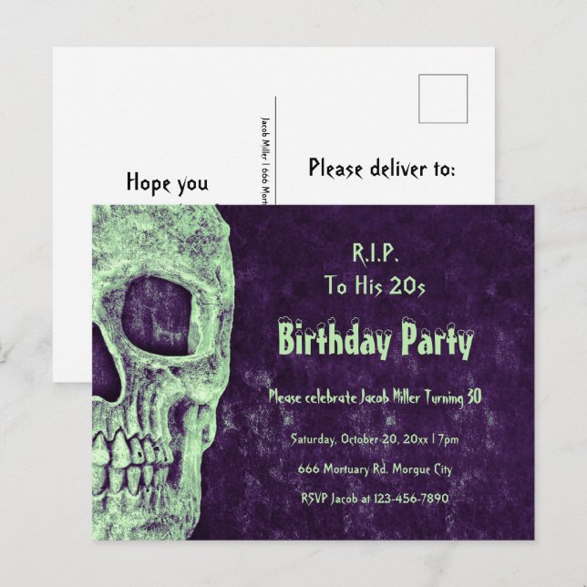 Cartão Postal De Convite Caveira Gótica Aniversário Roxo PIR Verde Para Seu (Frente/Verso)