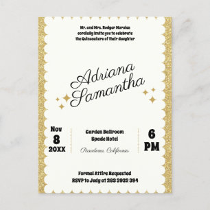 Cartão Postal De Convite Celebração do ouro Glamorous Quinceañera 