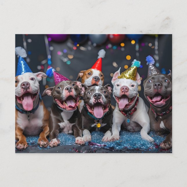 Cartão Postal De Convite Celebrar Ano Novo e Feriados com Cães Pitbull (Frente)
