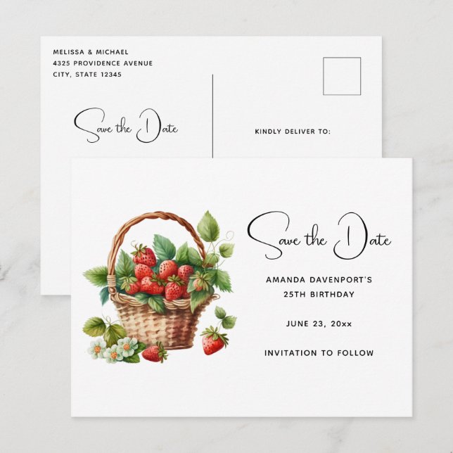 Cartão Postal De Convite Cesta Fofa Cheia de Morangos Salve a Data (Frente/Verso)