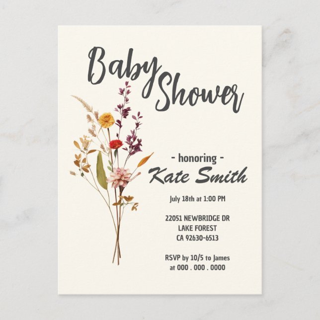 Cartão Postal De Convite Chá de Bebê Boho Flor Silvestre (Frente)