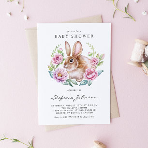 Cartão Postal De Convite Chá de Bebê do Coelho em Aquarela e Flores Rosa
