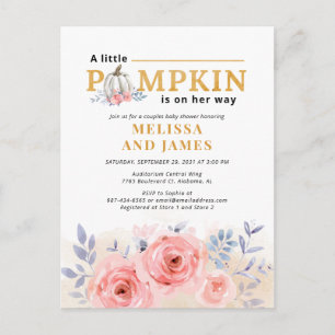 Cartão Postal De Convite Chá de Bebê para Casais com Abóbora Floral Aquarel