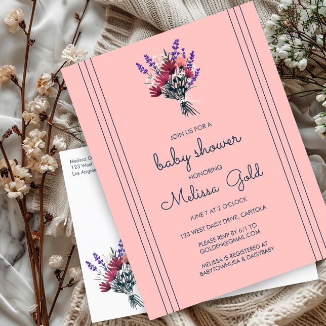 Cartão Postal De Convite Chá de fraldas de flor selvagem elegante PERSONALI (Elegant Wildflower Bouquet BABY SHOWER CUSTOM Invitation Postcard)