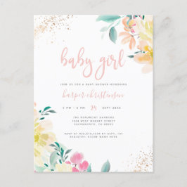 Cartão Postal De Convite Chá de fraldas Dourado de Garota Floral Rosa-Blush