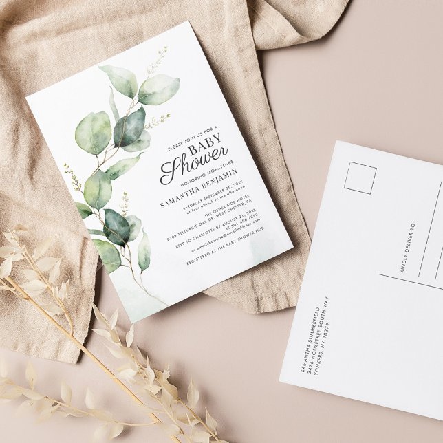 Cartão Postal De Convite Chá de fraldas Eucalyptus Greenery Boy (Eucalyptus Baby Shower Invitation Postcard)