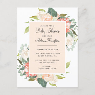 Cartão Postal De Convite Chá de fraldas Floral de Cor de Água e Blush Sweet