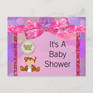 Cartão Postal De Convite Chá de fraldas Glitter Garota do Urso de Teddy