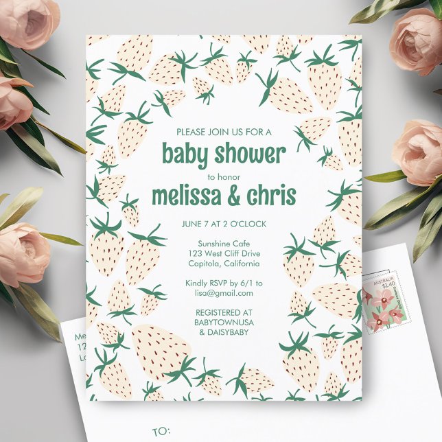 Cartão Postal De Convite Chá de fraldas PERSONALIZADO de Amorango Branco (White Strawberry Cute Pineberry CUSTOM BABY SHOWER Invitation Postcard
)
