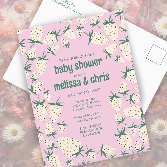 Cartão Postal De Convite Chá de fraldas PERSONALIZADO de Amorango Branco (White Strawberry Cute Pineberry CUSTOM BABY SHOWER Invitation Postcard
Pink Girly)