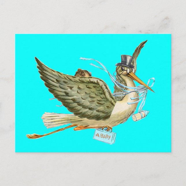 Cartão Postal De Convite CHÁ DE FRALDAS STORK, turquase (Frente)