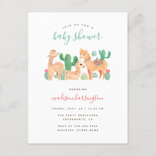 Cartão Postal De Convite Chá de fraldas Sweet Alpaca Llama Cactus Boho