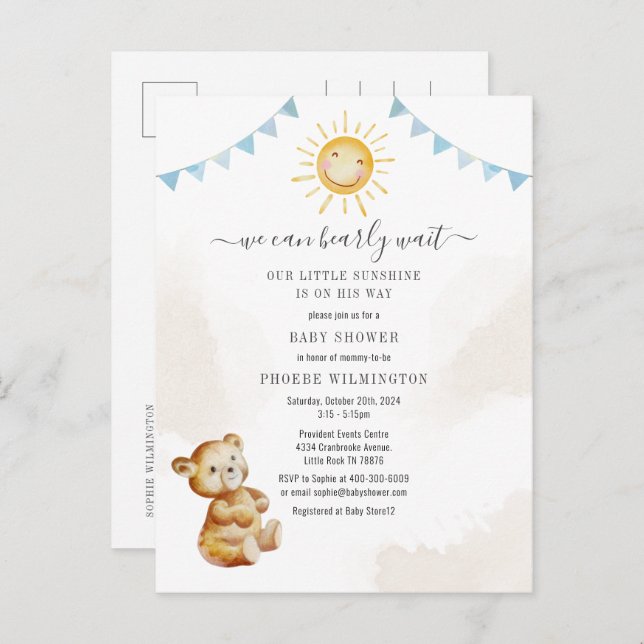Cartão Postal De Convite Chá de fraldas Urso Sol-Brilho (Frente/Verso)
