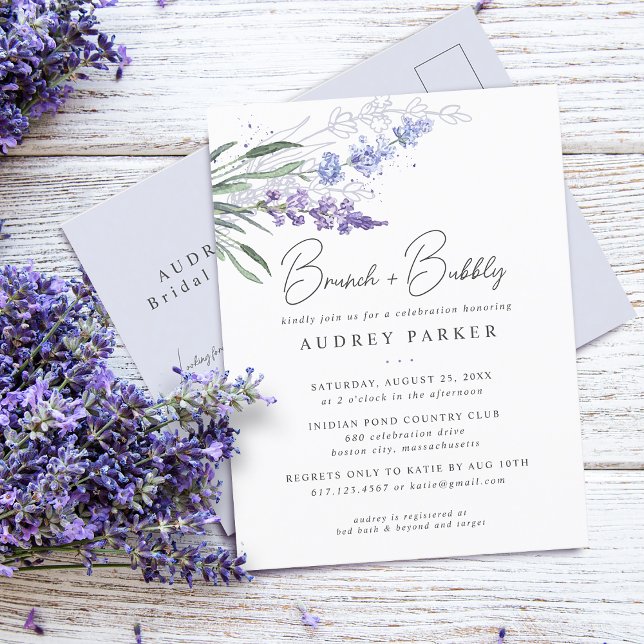 Cartão Postal De Convite Chá de Noiva Floral Lavanda Romântico em Aquarela (Romantic Lavender Floral Watercolor Bridal Shower Invitation Postcard)