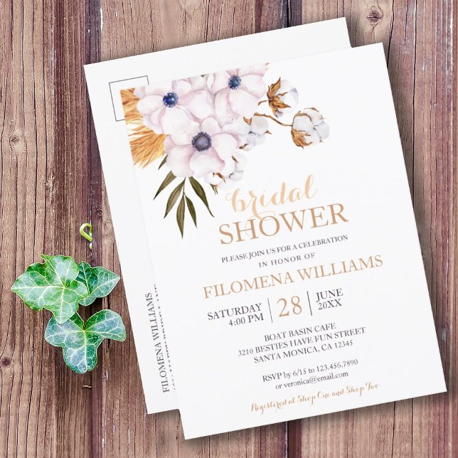 Cartão Postal De Convite Chá de panela de Algodão Moderno Boho Pampas (MODERN BOHO PAMPAS GRASS COTTON FLORAL BRIDAL SHOWER INVITATION POSTCARD
)