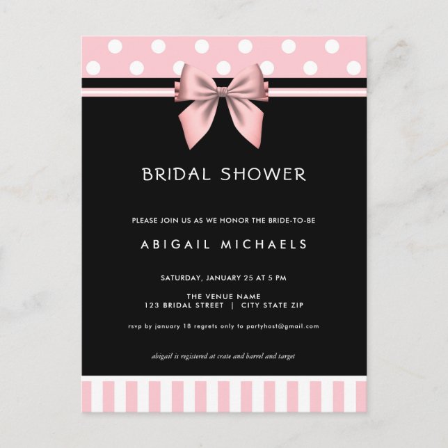 Cartão Postal De Convite Chá de panela de Bolinhas rosa e preto (Frente)