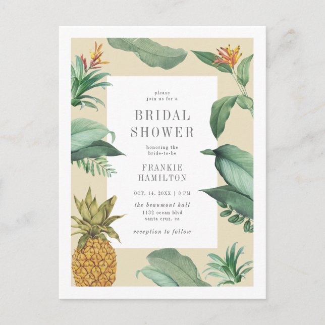 Cartão Postal De Convite Chá de panela de Desenho de Folhas Tropicais Chic  (Frente)