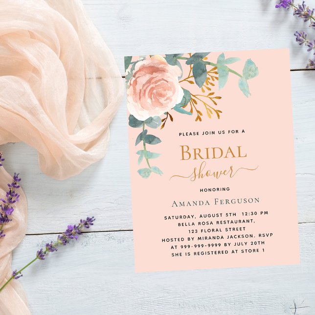 Cartão Postal De Convite Chá de panela de pêssego rosa dourado (Criador carregado)