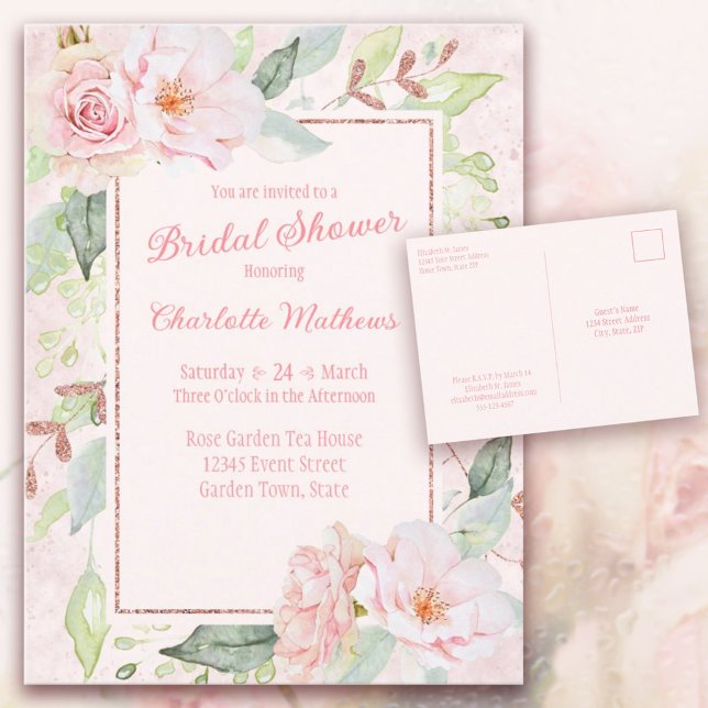 Cartão Postal De Convite Chá de panela de Rosas de Aquarela Rosa (Pink Watercolor Roses Bridal Shower Post Card Invitation R.S.V.P. information on back. )