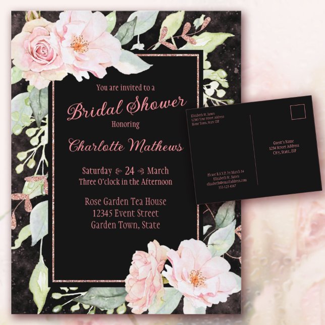 Cartão Postal De Convite Chá de panela de Rosas de Aquarela Rosa (Delicate Pink Watercolor Roses, Moody Black background, beautiful Bridal Shower Post Card.)